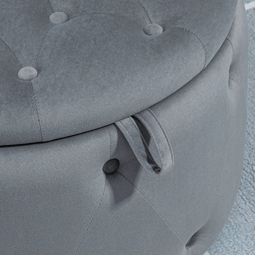 Poggiapiedi contenitore rotondo imbottito con coperchio, effetto velluto in poliestere grigio Ø60×40 cm