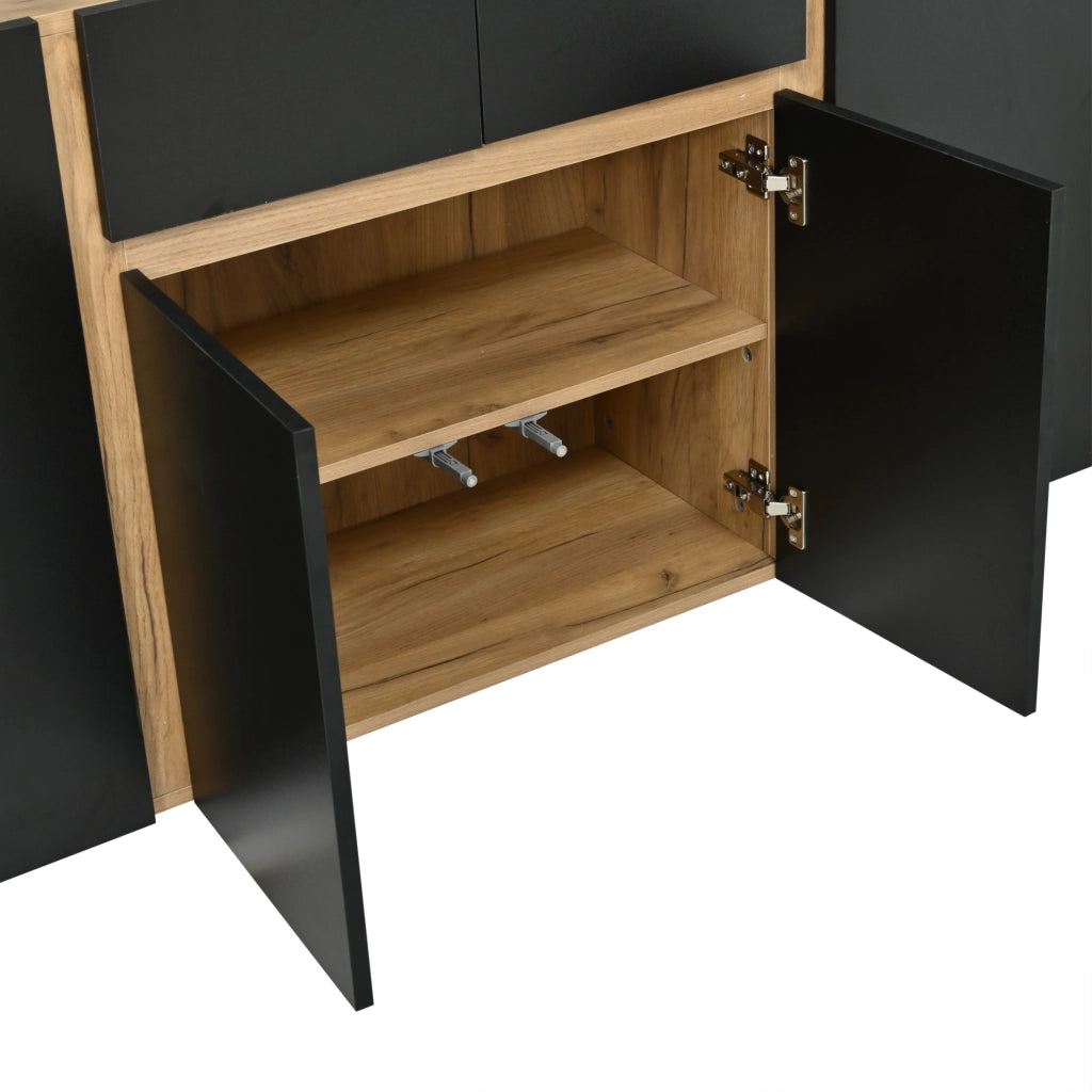 Sideboard in MDF 140x35x70 cm con 4 porte e 2 cassetti, design moderno nero e legno naturale