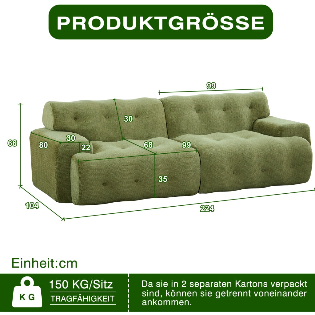 Divano Cloud a due posti, rivestito in tessuto di ciniglia, con braccioli larghi e design moderno 224x104x66 cm verde