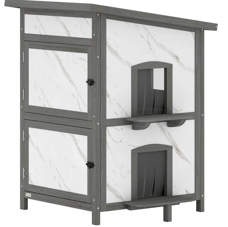 Casetta per gatti da esterno 60x60x88 cm a due livelli in legno bianco e grigio