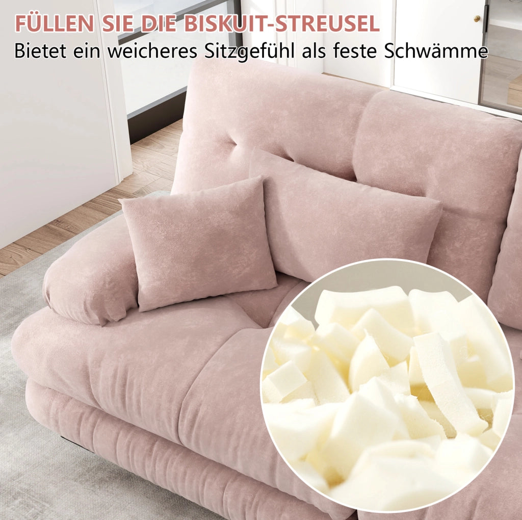 Divano modulare in ciniglia rosa con ottomane mobili; 313×145×81 cm