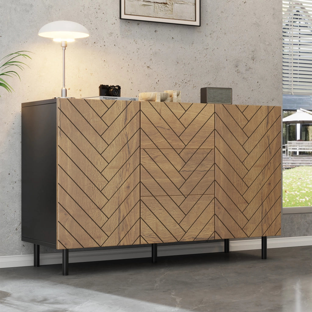 Madia soggiorno 3 cassetti e 2 ante in pannello truciolare effetto legno naturale e nero 120 × 40 × 76 cm