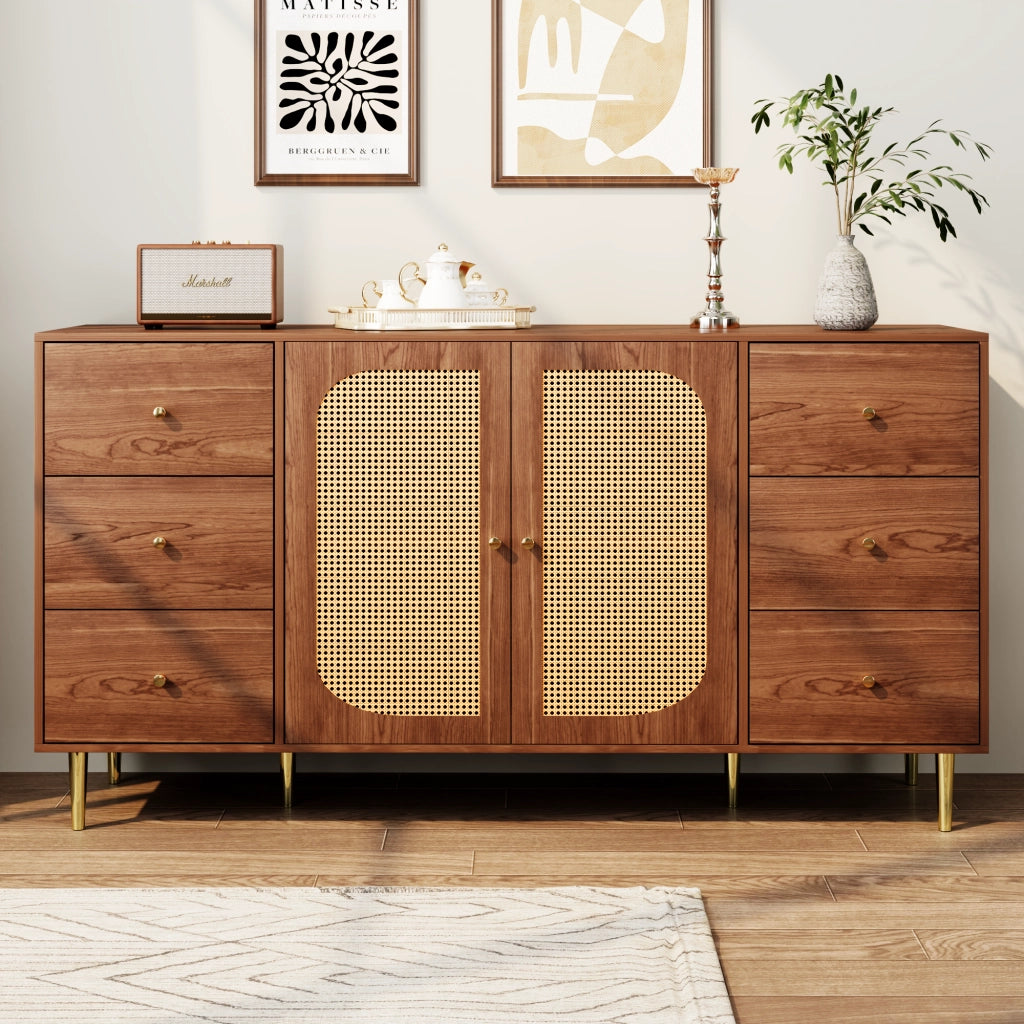 Madia per soggiorno con sei cassetti e due ante in MDF con porte in rattan color legno 160 × 40 × 90 cm