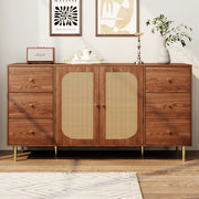 Madia per soggiorno con sei cassetti e due ante in MDF con porte in rattan color legno 160 × 40 × 90 cm