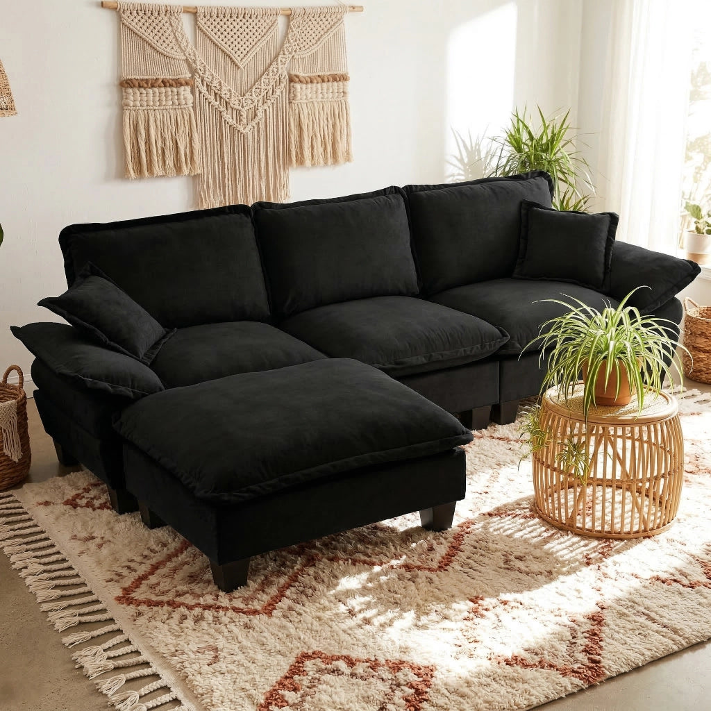 Divano Angolare Modulare con Ottomane ¨C MINIMAL ¨C Chenille, Nero, 5 Posti