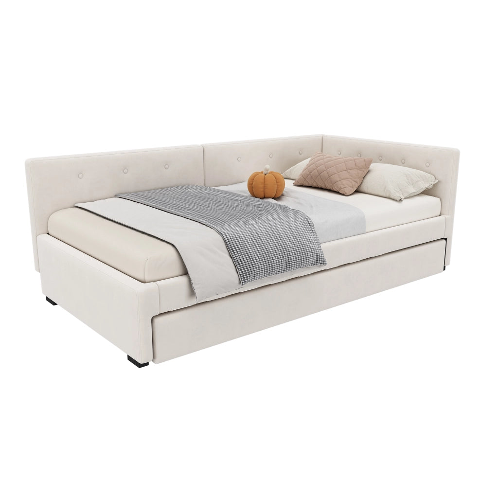 Letto singolo 90x200 cm con letto estraibile; struttura imbottita beige in velluto