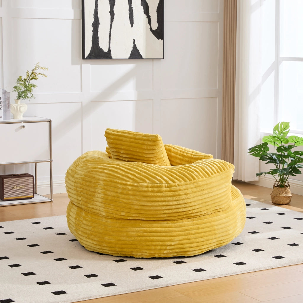Poltrona pouf in velluto giallo con schienale alto e tre cuscini, 108x108x52 cm, capacità 250 kg