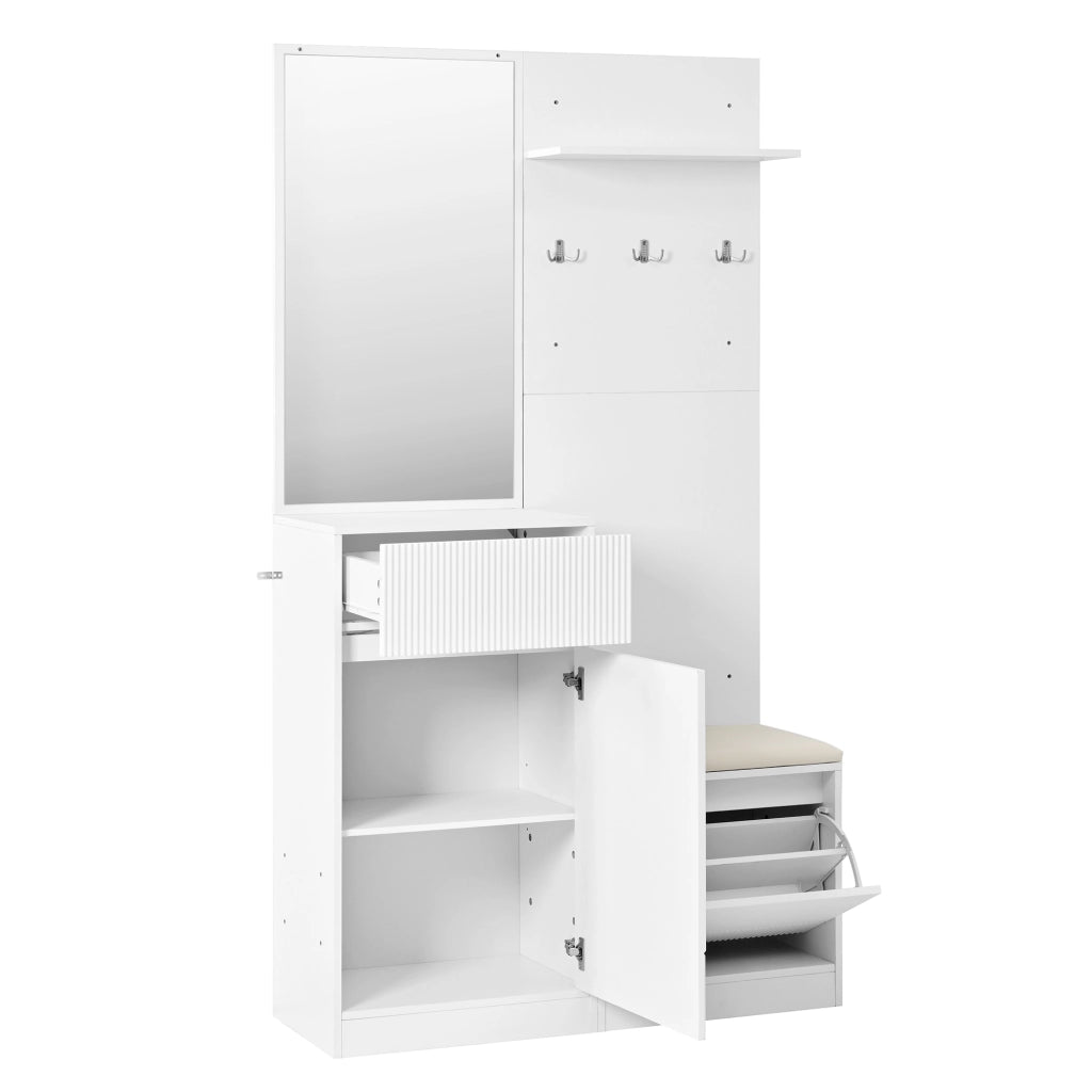 Mobile da ingresso con scarpiera, panca, specchio, ganci e LED controllabile tramite app, bianco, 105 × 38 × 190 cm