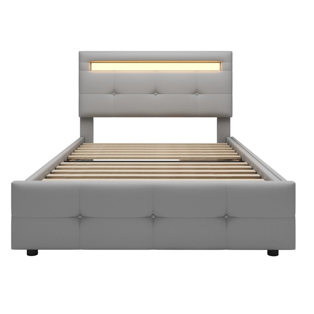 Letto imbottito singolo 90 x 200 cm con luci LED, 2 cassetti e imbottitura in lino, letto piatto per bambini, ragazzi e ospiti - Grigio