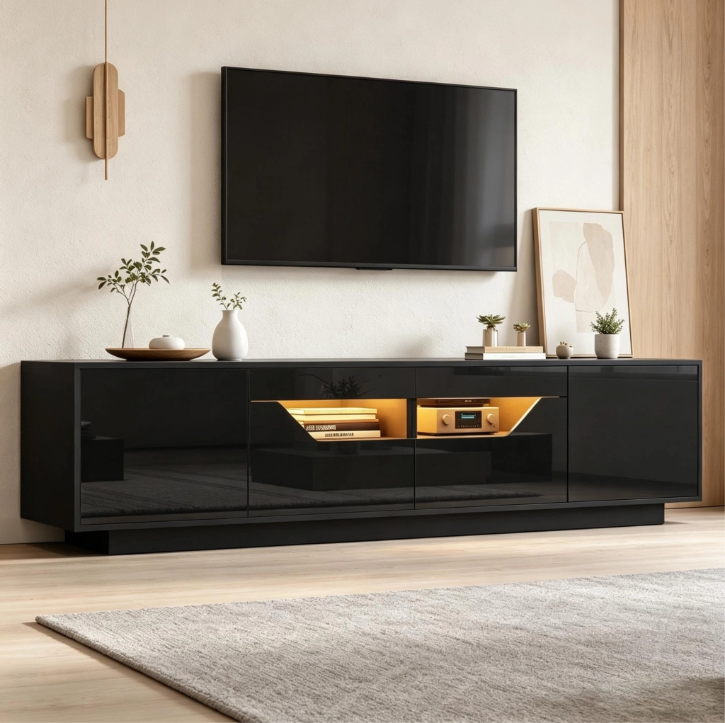 Mobile TV 180x40x45 cm con LED controllabile via app, 2 cassetti, in truciolare nero