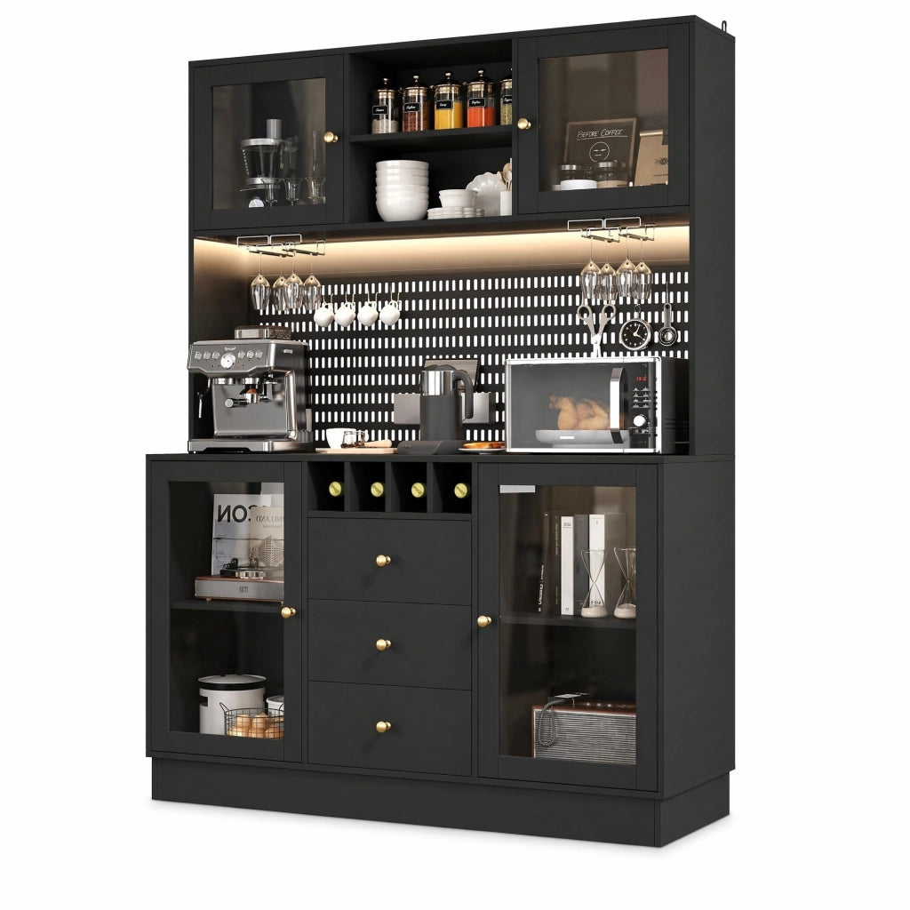 Credenza alta 140x40x185,7 cm in MDF nero con LED e contenitore