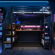 Letto a soppalco 140 × 200 cm con scrivania; scala con vani; LED; presa europea e scaffale in metallo nero