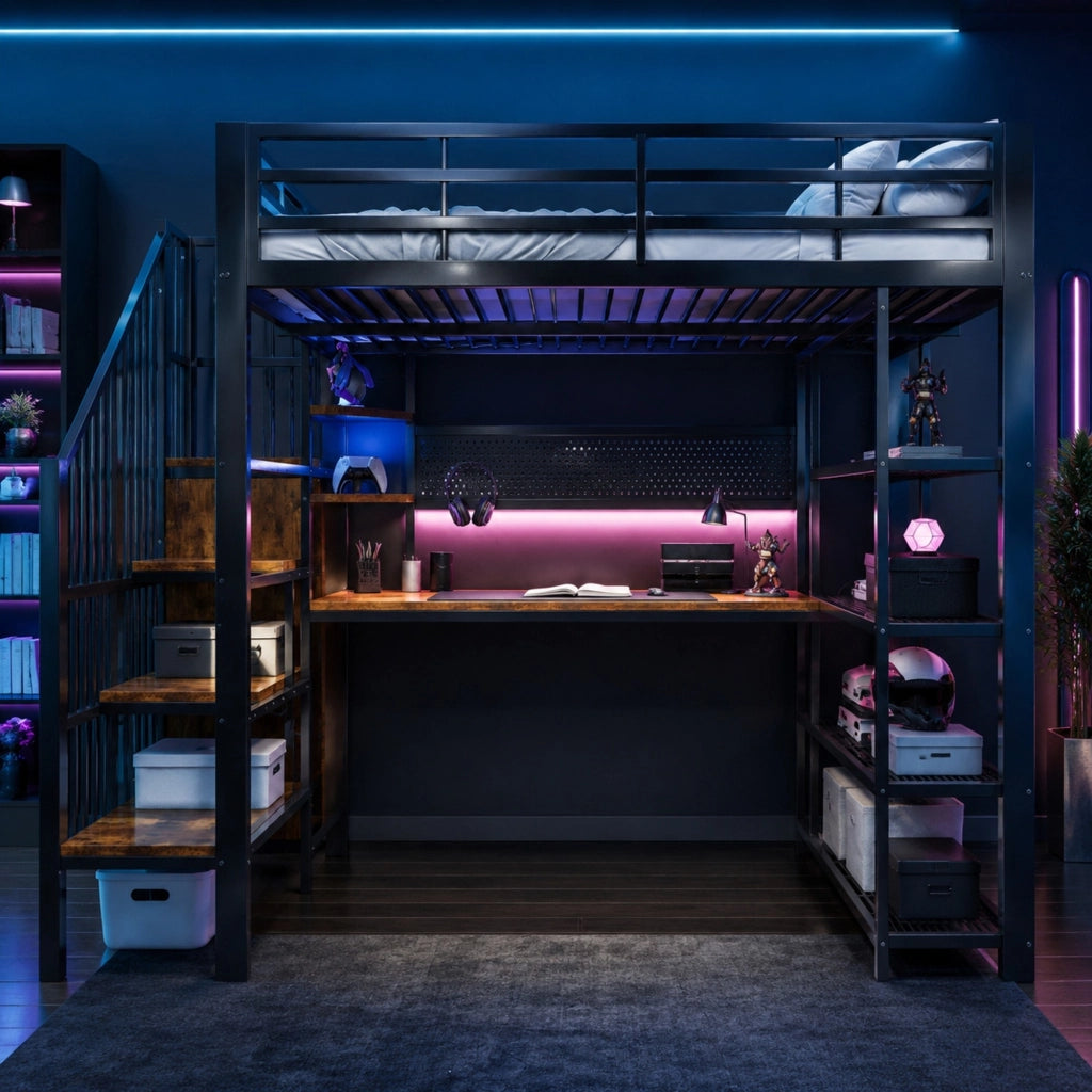 Letto a soppalco 140 × 200 cm con scrivania; scala con vani; LED; presa europea e scaffale in metallo nero