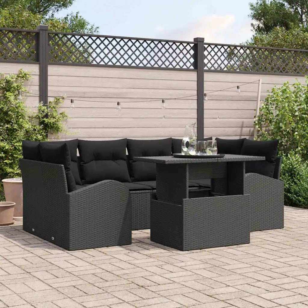 Set Divano da Giardino con cuscino 7 pcs Nero Poly Rattan