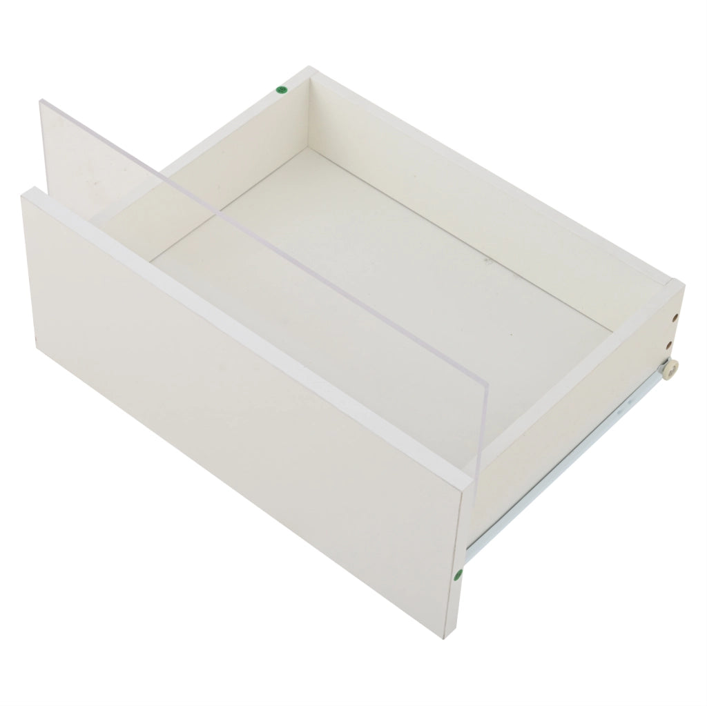 Tavolino da salotto bianco lucido 90x45x35,5 cm con 2 cassetti in acrilico, vetrate laterali in vetro temperato, ripiano estraibile e illuminazione LED controllabile via app