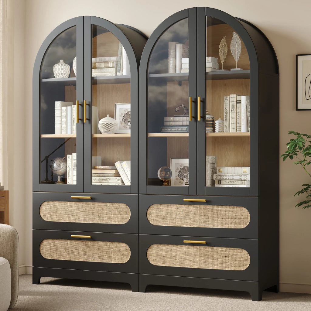 Vetrina Retro Nera 175x80x40 cm con 2 Ante Arco Montmartre, Libreria con 2 Cassetti e Ripiani Regolabili