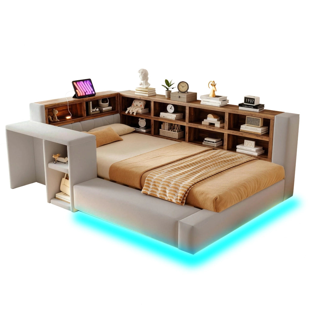 Letto Imbottito 90x200 cm con Testiera Imbottita e Vani Portaoggetti, Grigio Chiaro