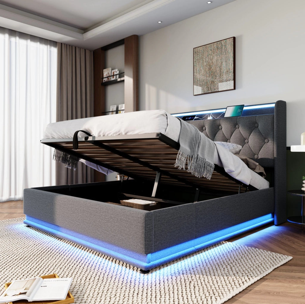 Letto matrimoniale 160x200 cm con contenitore idraulico; LED e USB-C; lino grigio
