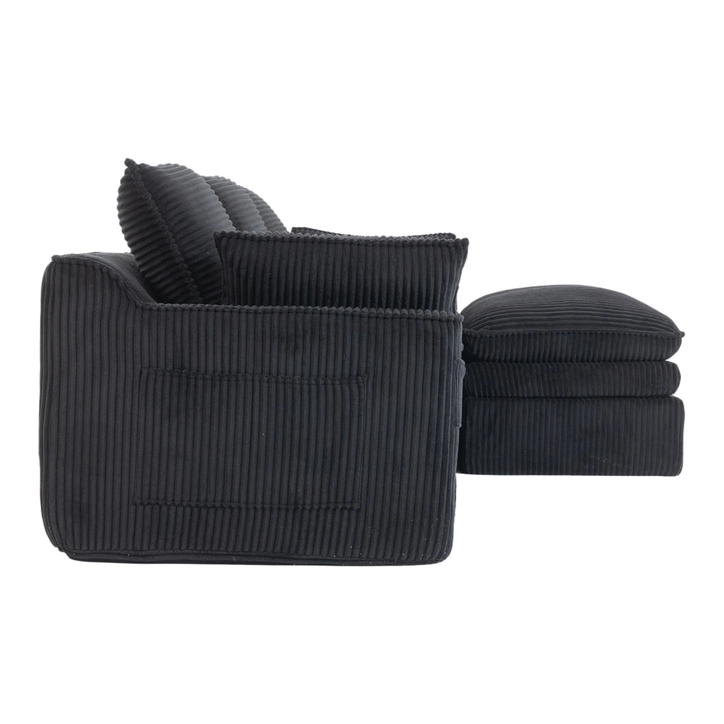 Divano modulare 3 posti in corduroy con pouf; tasche laterali; 263x167x85 cm; nero