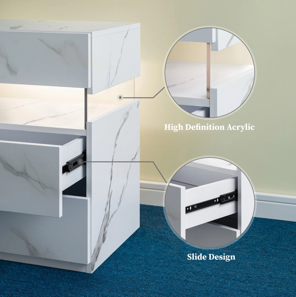 Comodino LED con 3 Cassetti e Pannello Acrilico, Tavolino da Notte per Camera da Letto in Bianco Pietra
