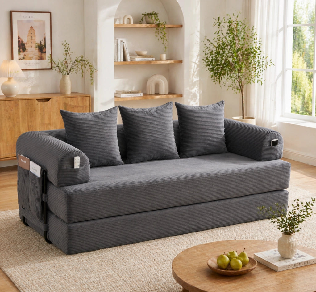 Divano modulare 200x94x67 cm in velluto a coste grigio scuro con tasca