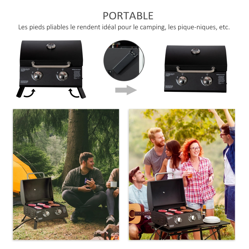 Barbecue a Gas da Tavolo Portatile 2 Bruciatori 5 kW con Piedi Pieghevoli e Termometro per Campeggio e Giardino