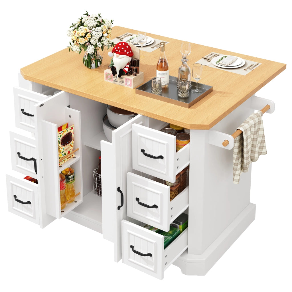 Isola da cucina mobile con 2 ante e 6 cassetti su 5 ruote in MDF e metallo bianco 120 × 45 × 91 cm