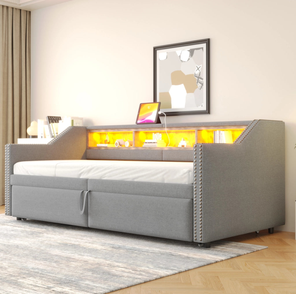 Divano letto estraibile 90/180x200 cm grigio chiaro con LED e USB