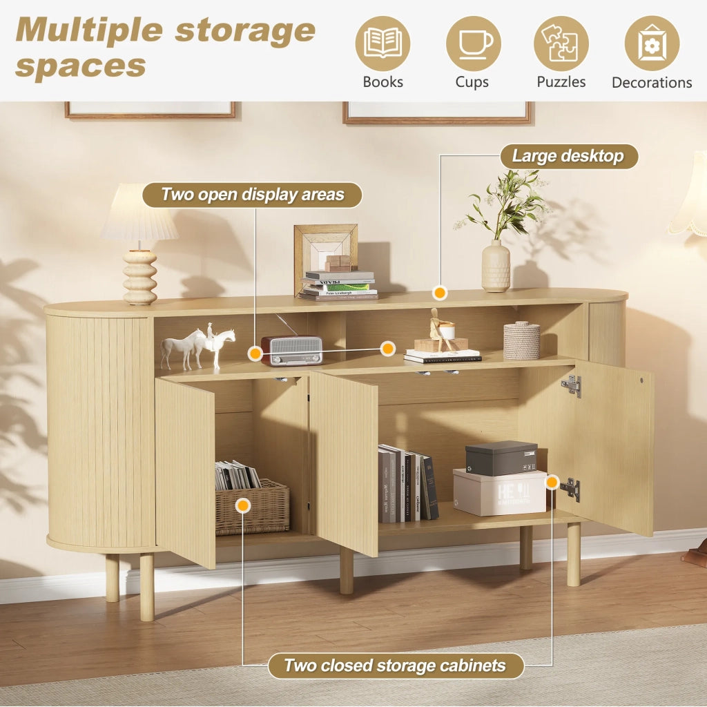 Sideboard 160x40x78,5 cm in truciolare con 3 ante ondulate e ripiano aperto, gambe in legno massello, colore legno naturale, portata 75 kg