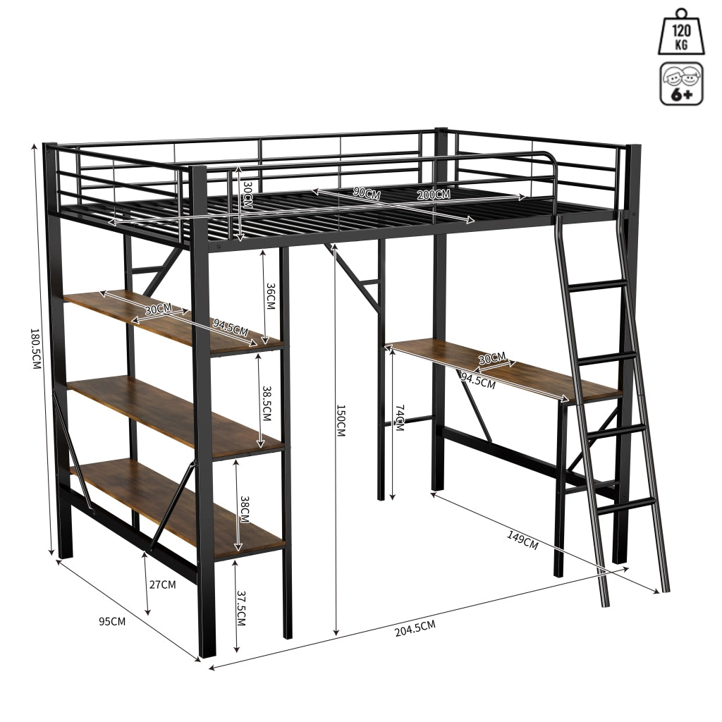 Letto a soppalco 90x200 cm con scrivania e 3 ripiani; struttura in metallo e MDF; nero