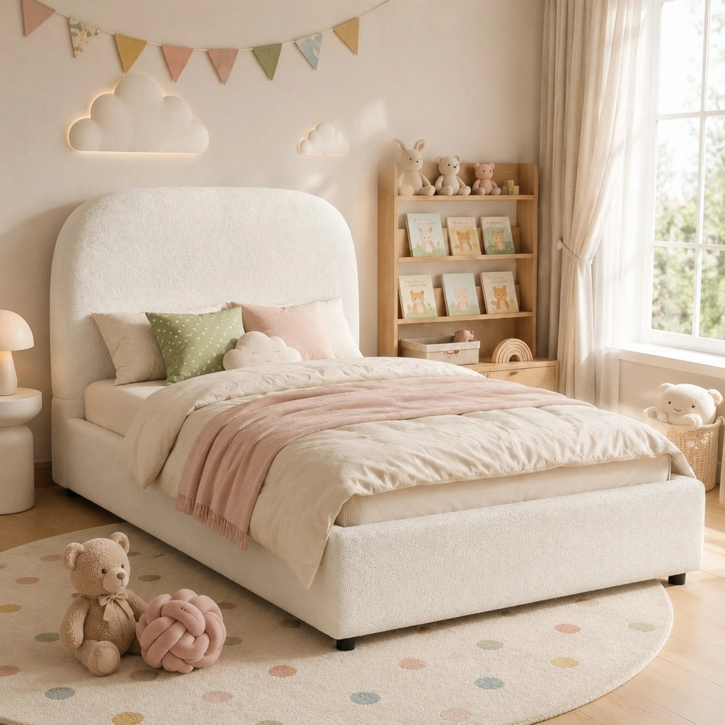 Letto singolo con contenitore 90 × 200 cm idraulico con rete a doghe testiera imbottita in bouclé beige