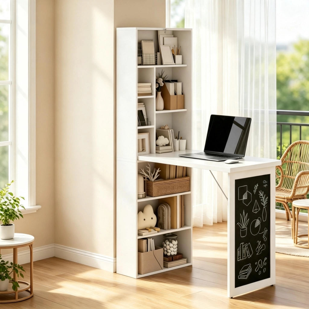 Scrivania pieghevole a parete con libreria e lavagna, 98x51x153 cm, bianco o nero