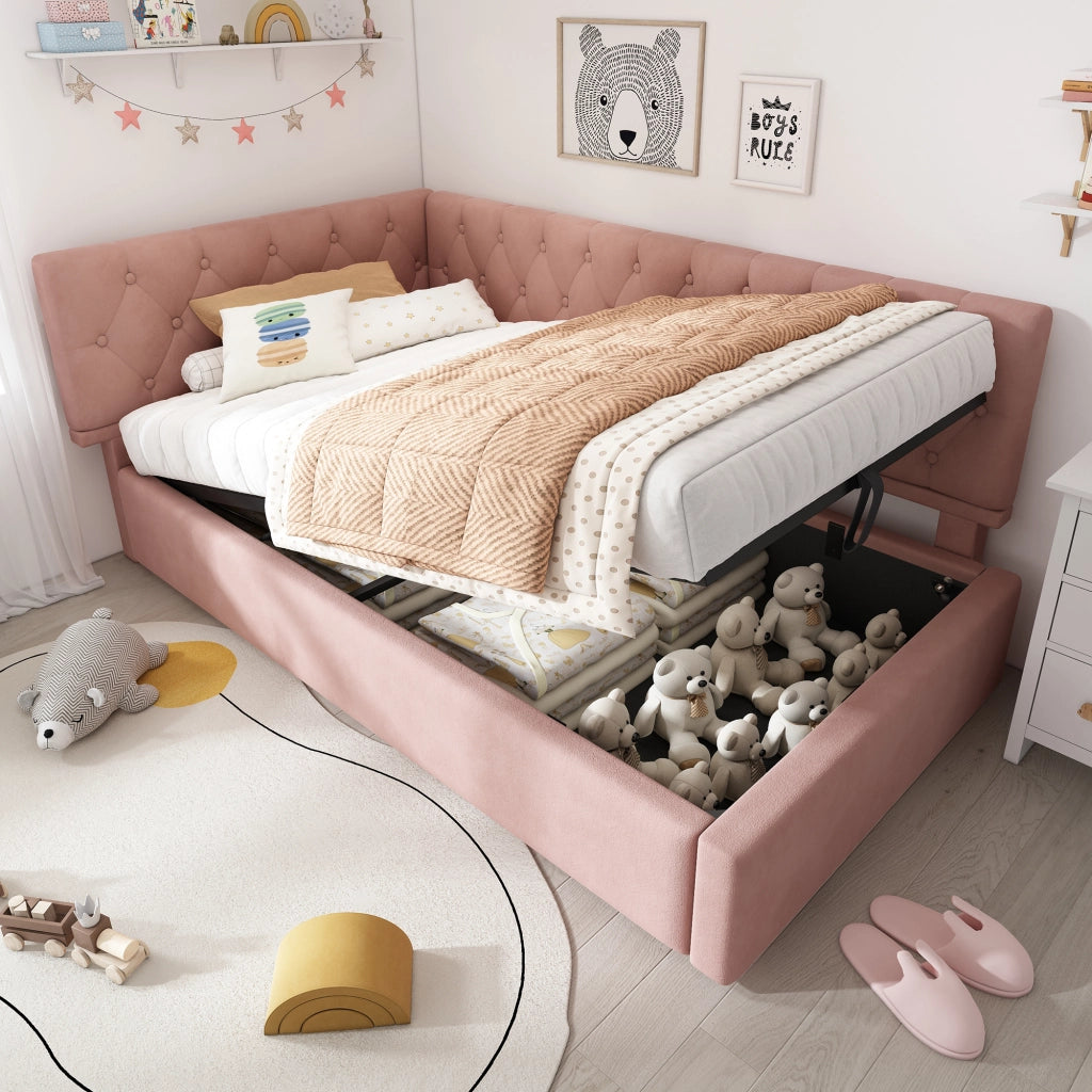 Divano Letto Singolo 90x200 con Contenitore Idraulico; Testiera Reversibile; in Velluto Rosa