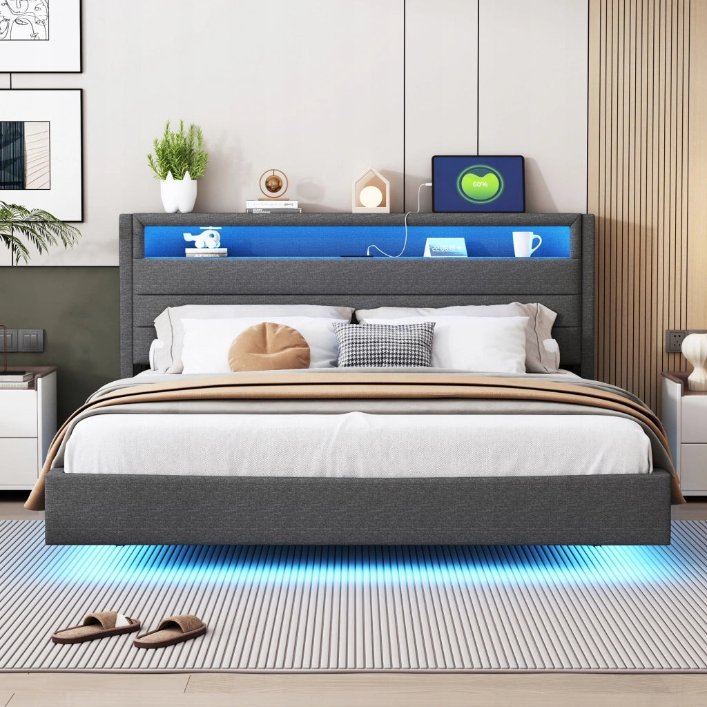 Letto imbottito 160x200 grigio con USB e LED - Xylo