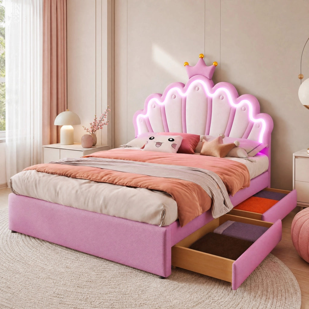 Letto imbottito a corona 140 x 200 cm con 2 cassetti; testiera regolabile; PU rosa