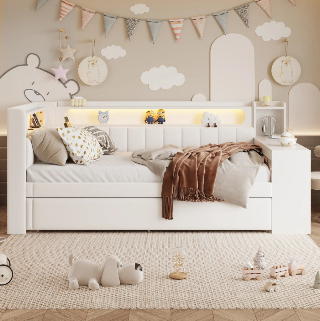Letto singolo 90x200 con LED, USB, estraibile e scrivania