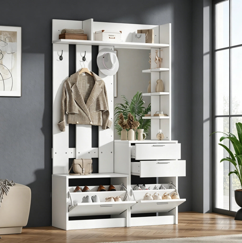 Mobile ingresso 110x34x185 cm bianco MDF con specchio e scarpiere