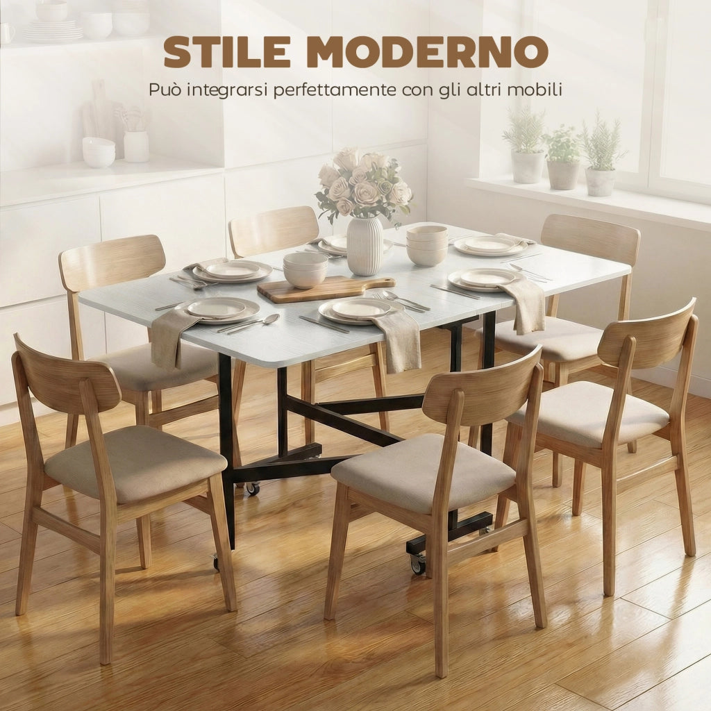 Tavolo Pieghevole per 4-6 Persone 120x80x73 cm con 2 Ribalte e Ruote con Freno Struttura in Acciaio Bianco Legno