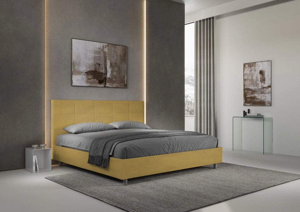 BS COM Letto matrimoniale king size con rete imbottito 200x200 microfibra ocra