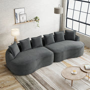 Divano modulare quattro posti in tessuto chenille grigio, senza struttura, dimensioni extra large con chaiselongue profonda e cuscini inclusi