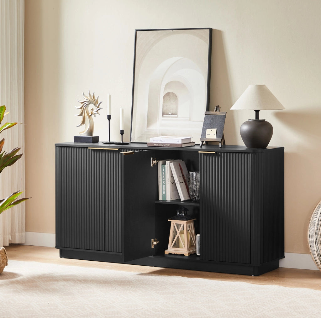 Credenza 160x40x80 cm a 4 ante in MDF nero con superficie ondulata e maniglie dorate