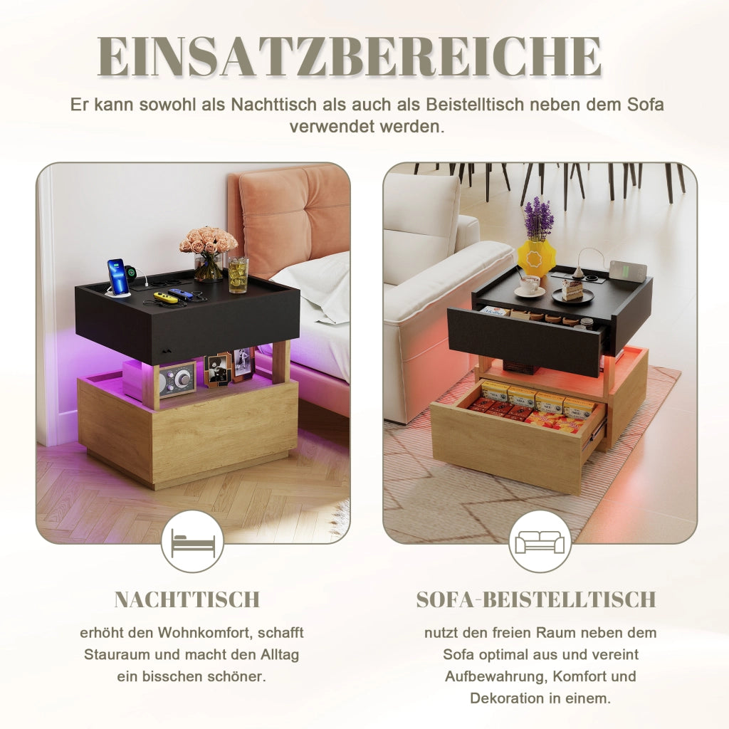 Comodino con ricarica senza fili, porte USB, LED e 2 cassetti bicolore per camera da letto, 50 × 40 × 50 cm