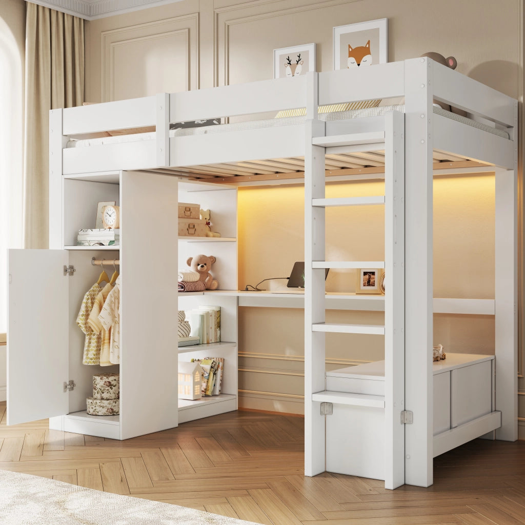 Letto a soppalco 90x200 con scrivania integrata; armadio e LED; bianco
