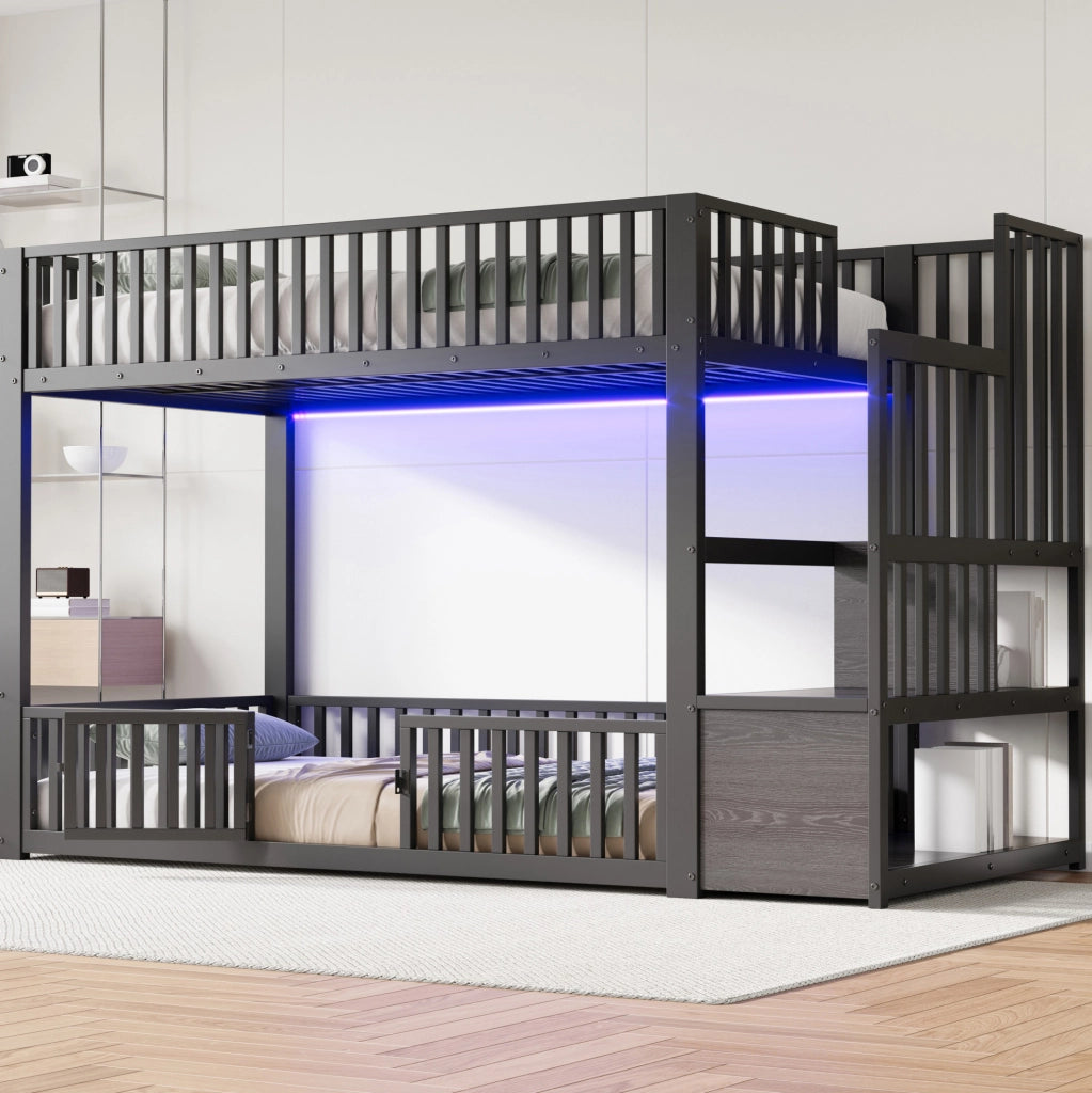 Letto a castello basso 90x200 cm con LED e scala contenitore in MDF e metallo nero
