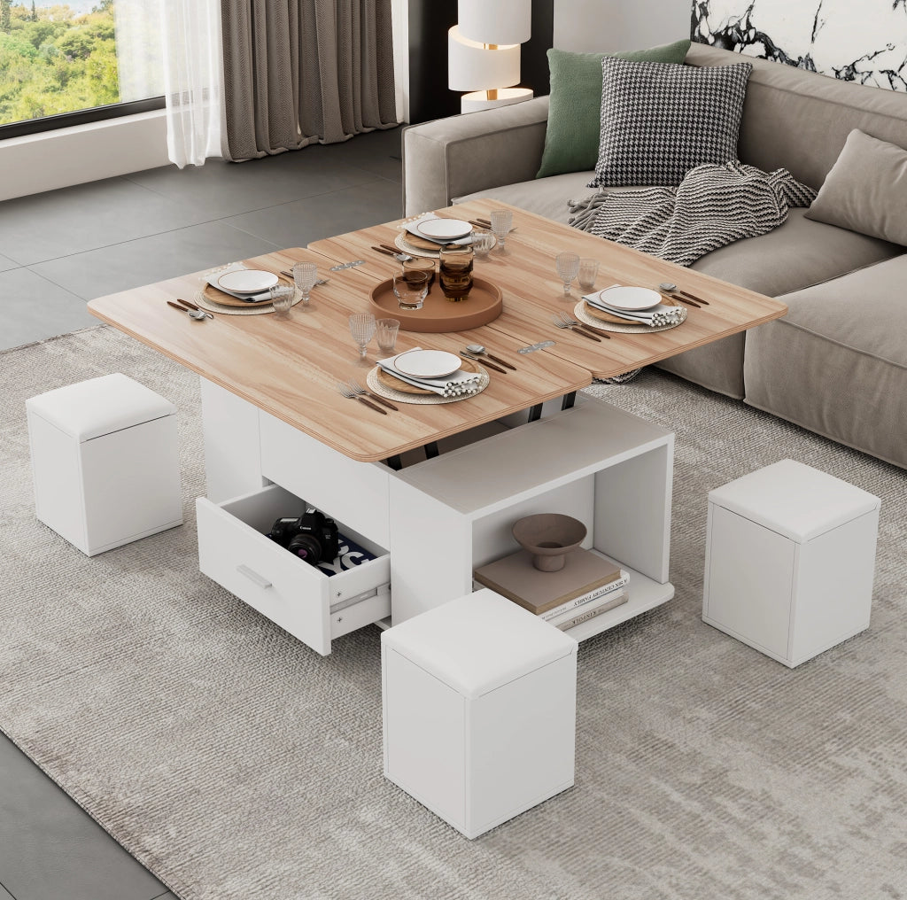 Tavolino trasformabile 100 x 50 x 45 cm bianco e legno, 4 sgabelli