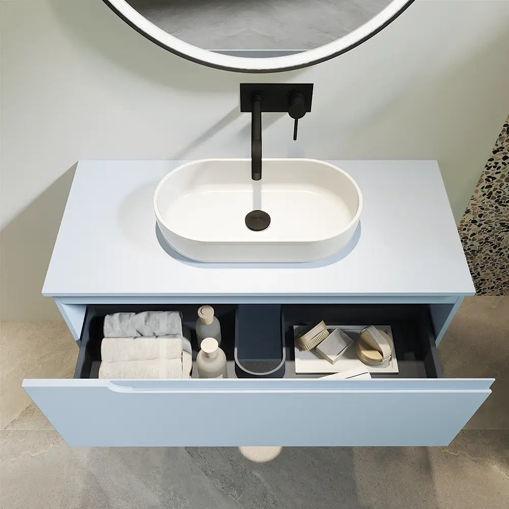 Mobile bagno sospeso 80 cm un cassetto color carta da zucchero con top  | Moor