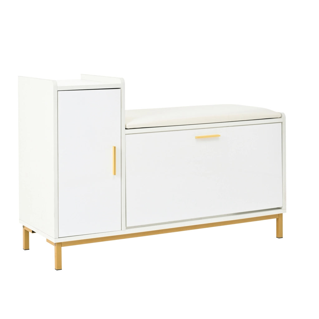 Scarpiera con panca 100x38x68 cm in pannelli truciolari bianco con dettagli oro, 2 ripiani, 1 armadietto, seduta imbottita e piedi in metallo