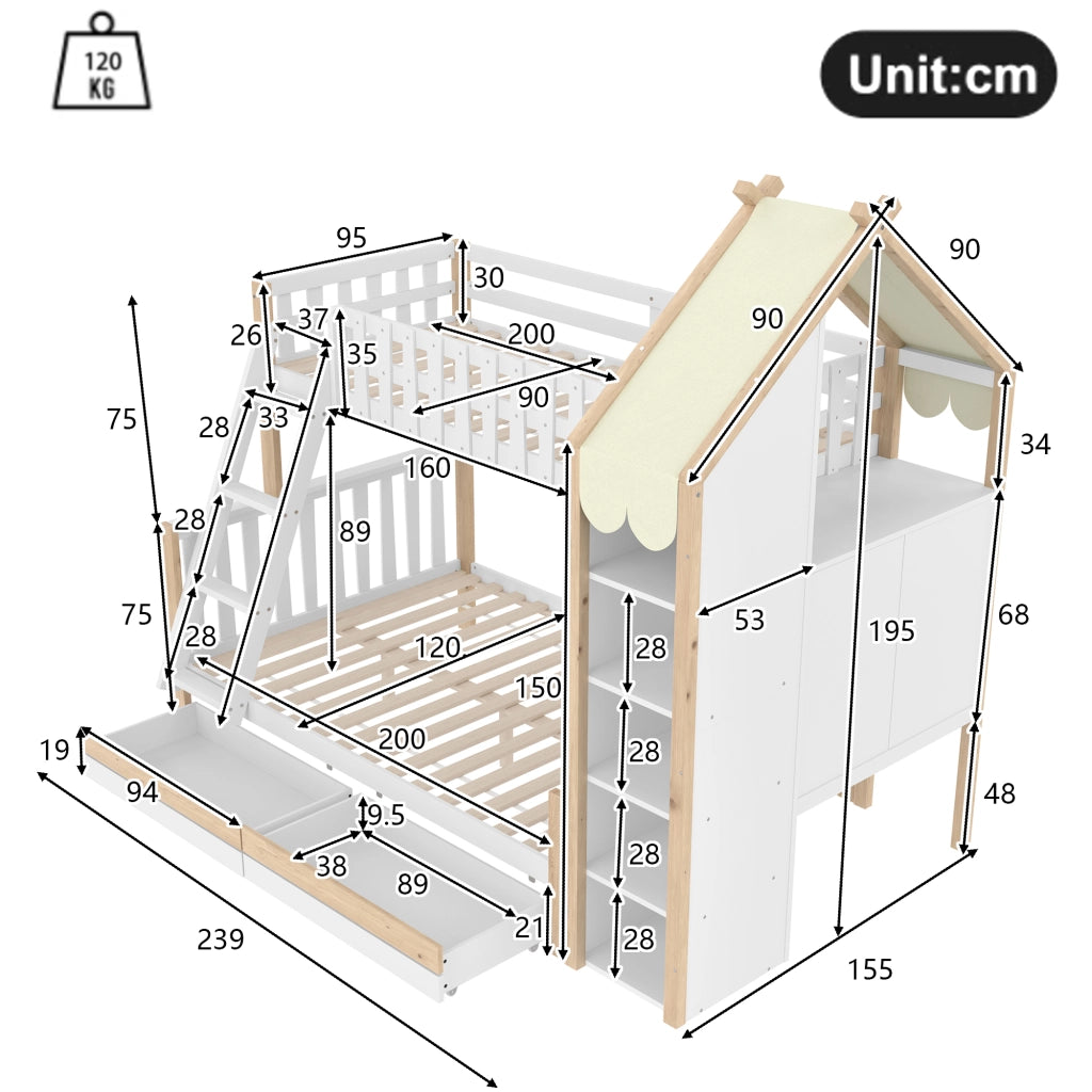 Letto a castello 90 × 200 cm e 140 × 200 cm 3 posti; mensole e 2 cassetti; senza materasso; bianco naturale