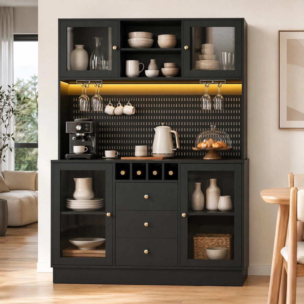 Credenza alta 140x40x185,7 cm in MDF nero con LED e contenitore