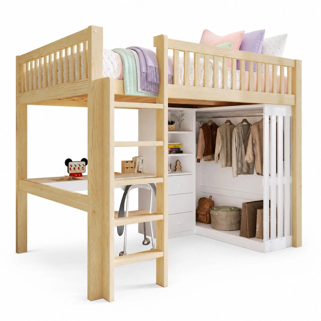 Letto a soppalco con scrivania, armadio e 3 cassetti, 140 x 200 cm, colore naturale